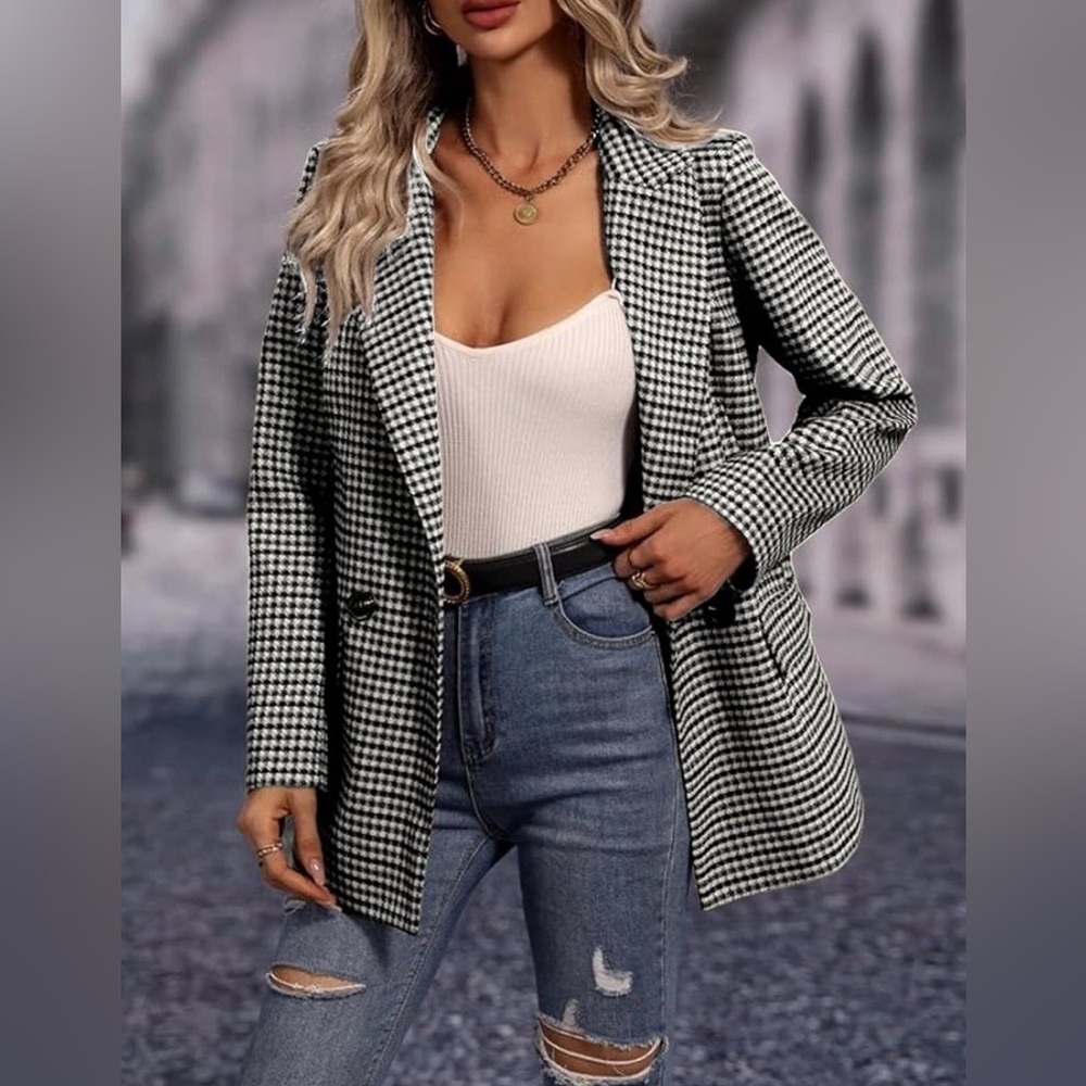 VERO MODA Black & White Houndstooth Plaid Blazer Sz 38 Oversized Professional